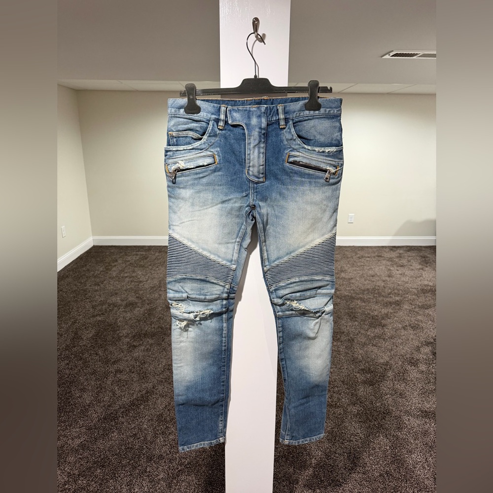 Balmain OG Biker Distressed Stone Wash Blue Denim Jeans